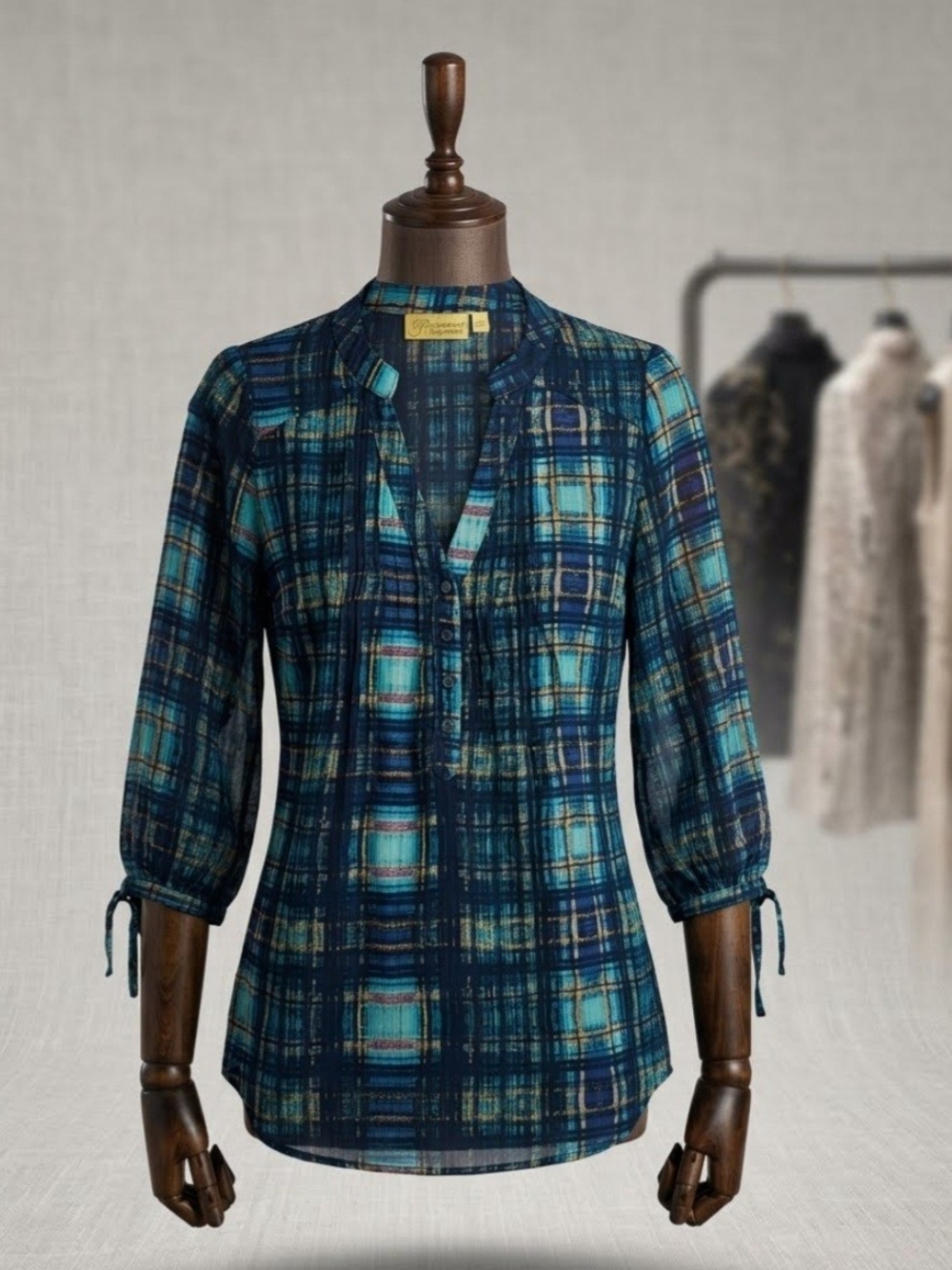 Vera Wang Princess Navy and Teal Plaid Button-Front Blouse Size Medium